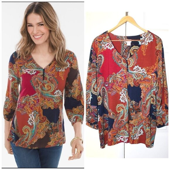 Chicos Paisley Boho Women Top Size XL Button Front Blouse Long sleeve - Picture 1 of 9